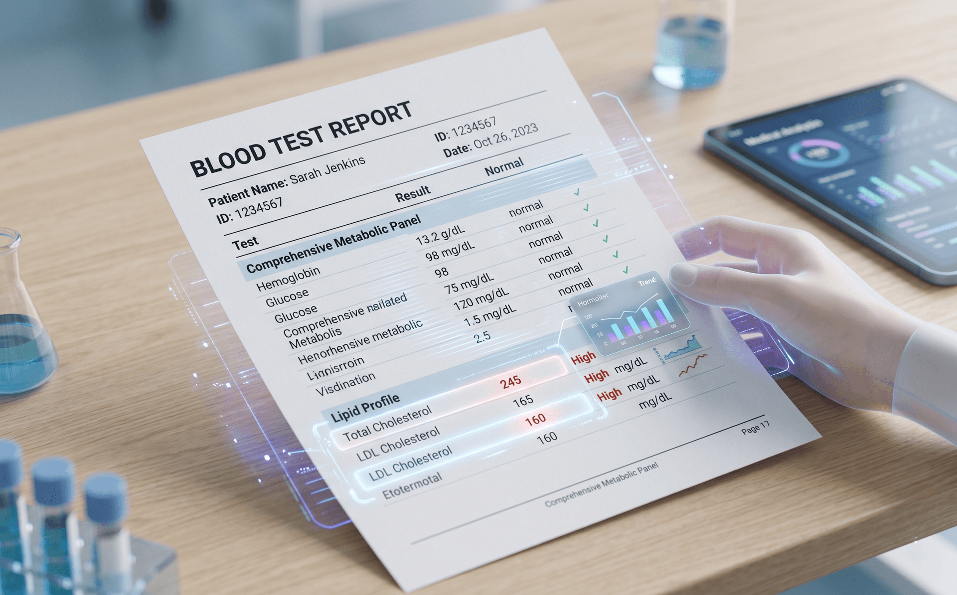 AI analyzing blood test results and lab report