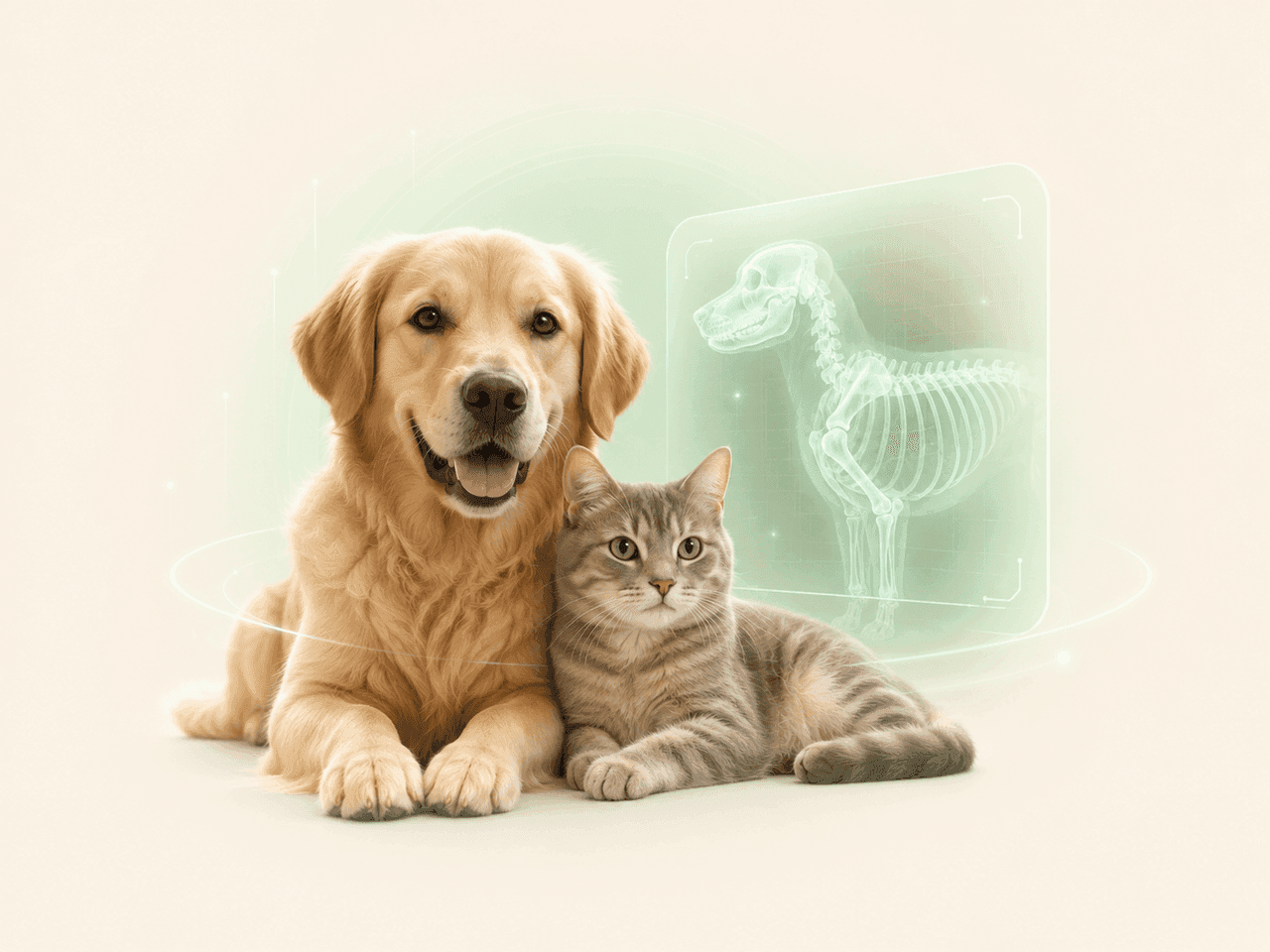 A dog and cat beside an AI X-ray scan of a pet