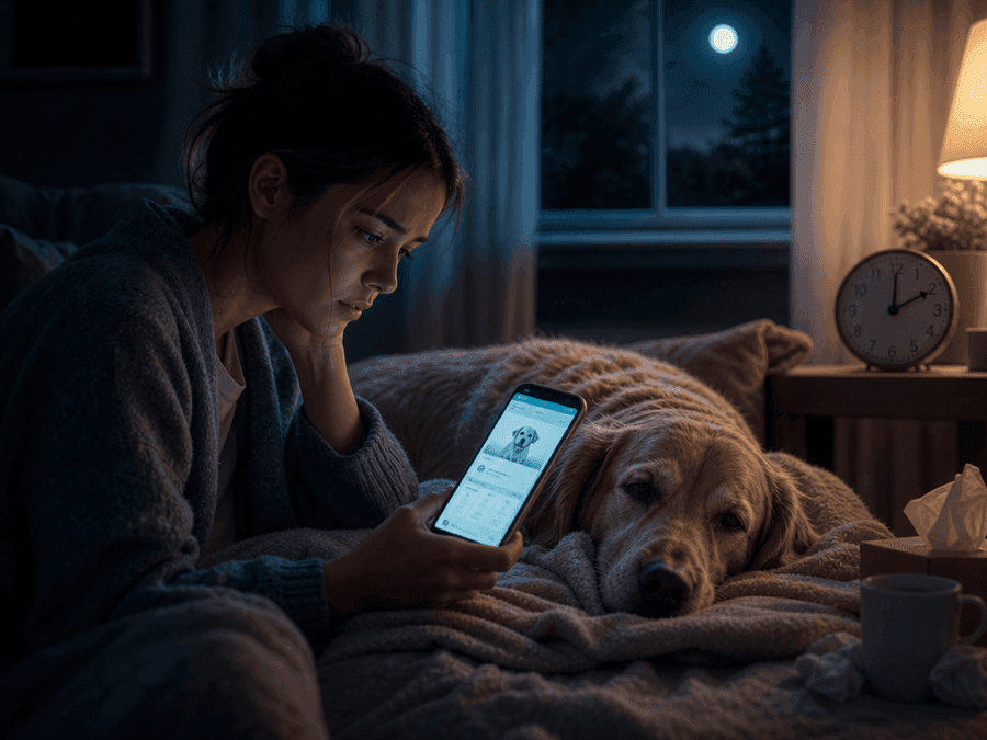 A worried pet owner reading about their pet's health