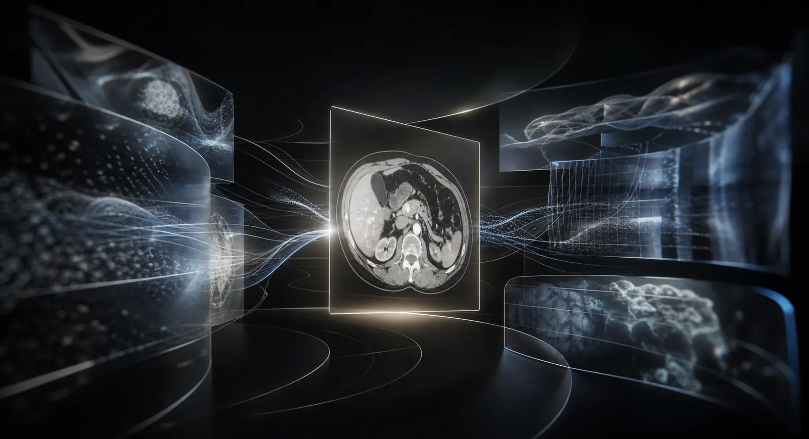 A scan image surrounded by multiple converging layers of clinical context