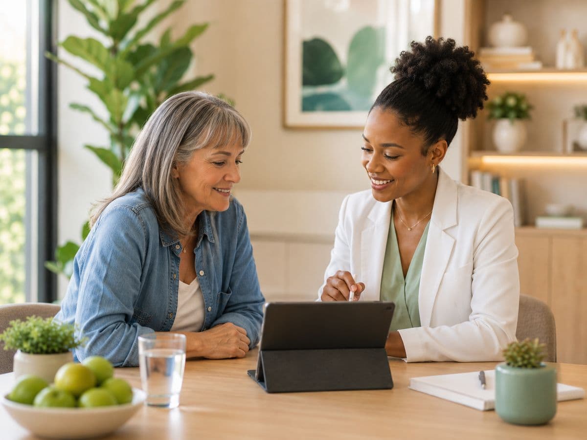 A nutritionist reviewing lab results on a tablet with her client